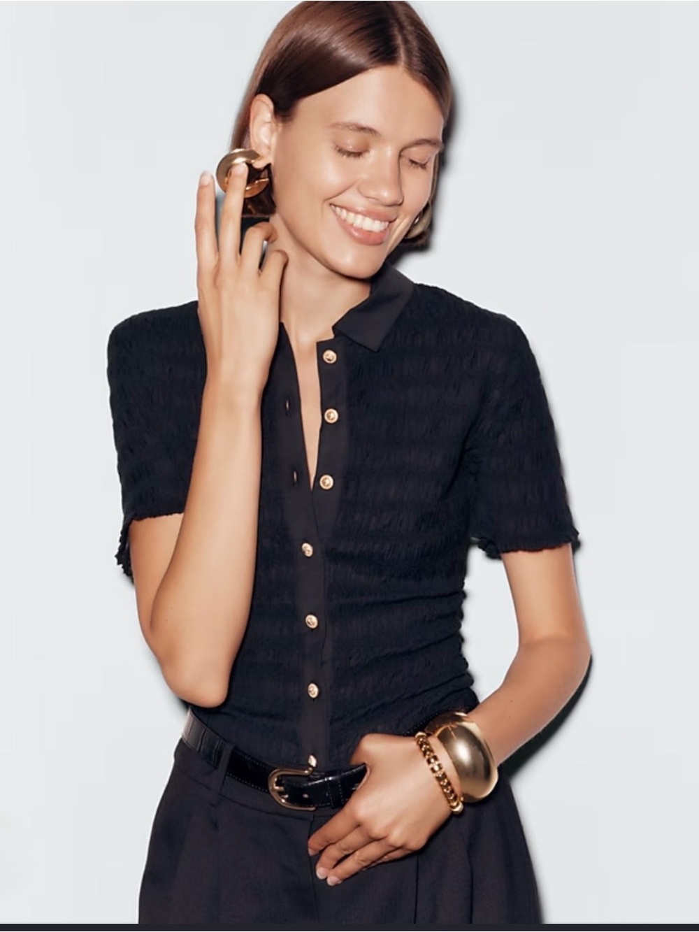 J.Crew Smocked Button Front Top Black Small Gold Button Quiet Luxury Blouse